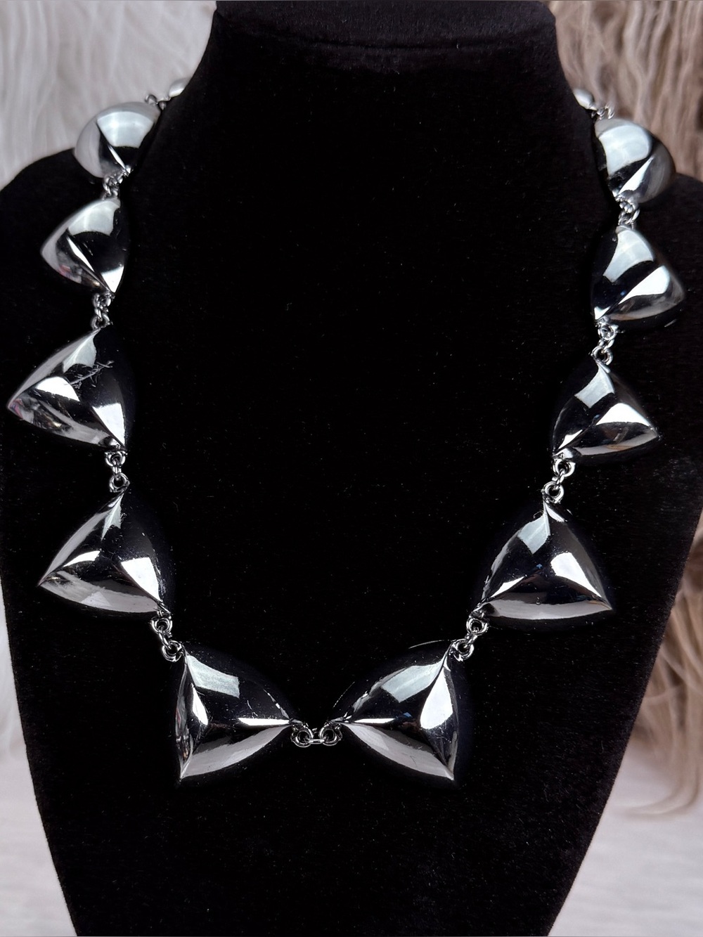 Estate Silver Gunmetal Geometric Statement Necklace Chunky Modernist